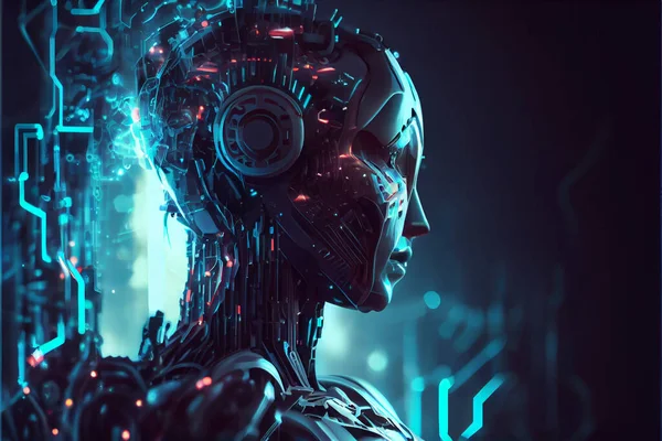 Artificial intelligence humanoid cyber robot.controlled by AI robot humanoid and machine learning process to analyze data connectivity and cyber security.Artificial intelligence humanoid cyber robot futuristic digital technolog. Illustration painting