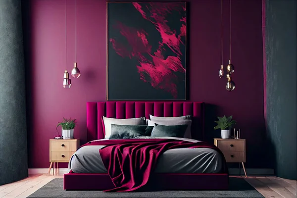 Bedroom in viva magenta and dark burgundy colours interior design. Bedside table . Bright bedroom. Pantone. Modern bedroom interior design. Home design concept. High quality. 3d rendering illustration