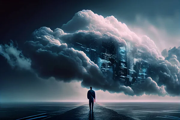 Cloud Service Big data server in cloud and man walking towards the high tech hub of technology abstract background. Information Digitalization Starts. SAAS, Cloud Computing, Web Service. Cloud servers infrastructure concept. 3d rendering illustration