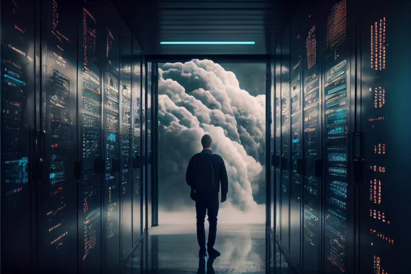 futuristic Big Data Center with chief manager and cloud service of information ai technology abstract background. Information Digitalization Starts. SAAS, Cloud Computing, Web Service. Data center infrastructure concept. 3d rendering illustration