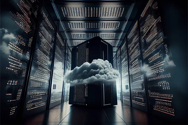 futuristic cloud data center server infrastructure hosting hub storage. Cloud server ai technology. High quality. 3d rendering illustration