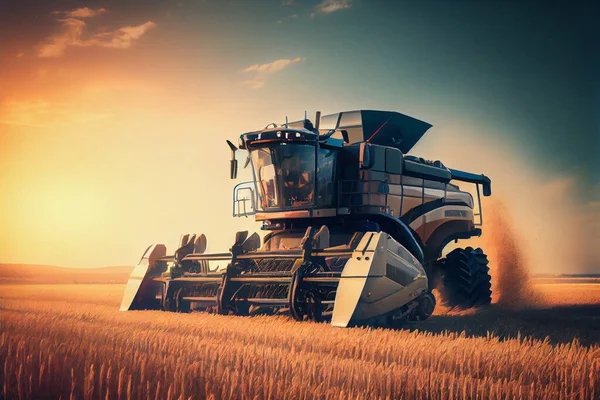 Harvester machine to harvest wheat field working. Combine harvester agriculture machine harvesting golden ripe wheat field. Agriculture. High quality. Illustration painting