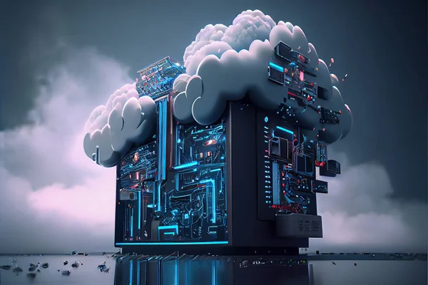 cloud computing server infrastructure hosting hub storage. Cloud server ai technology. High quality. Illustration painting