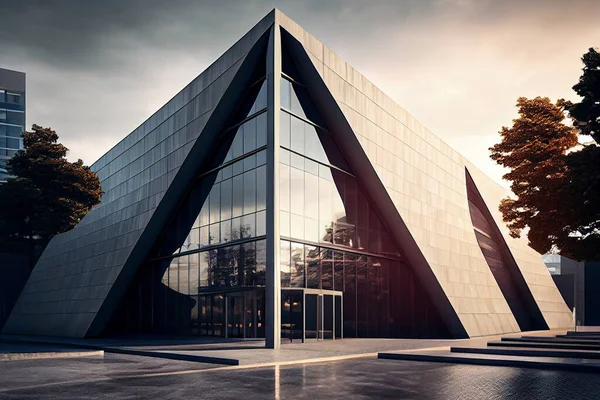 Contemporary triangle shape design building exterior. Futuristic modern architectural design building. Illustration painting