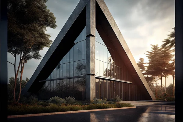 Contemporary triangle shape design building exterior. Futuristic modern architectural design building. Illustration painting