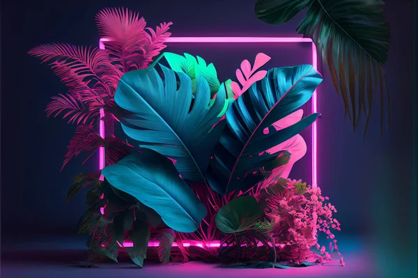 Tropical leaves with neon colour light square. Creative fluorescent color layout made of tropical leaves with neon light square. Flat lay. Nature concept. High quality. Illustration painting