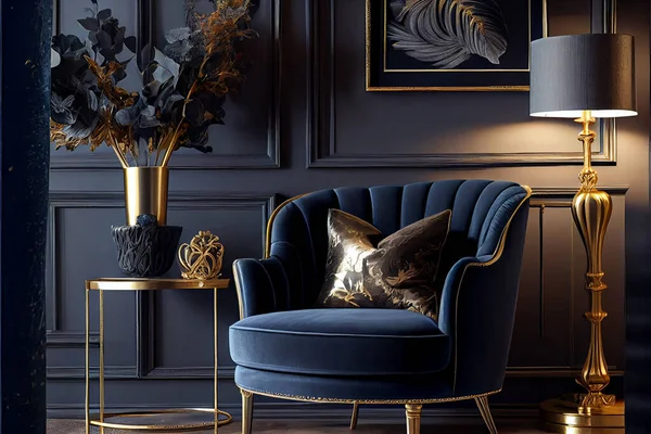 navy blue armchair with golden frame against dark wall with molding in elegant living room interior. High quality. 3d rendering illustration