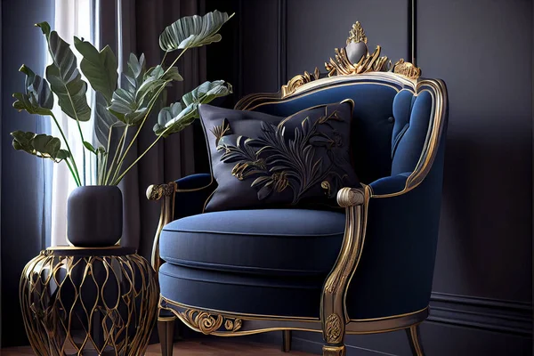 navy blue armchair with golden frame against dark wall with molding in elegant living room interior. High quality. 3d rendering illustration
