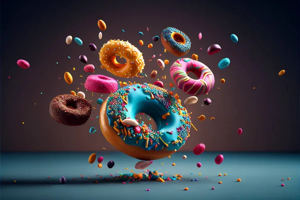 Flying delicious donuts with sprinkel on blue background with copy space. High quality. Illustration painting