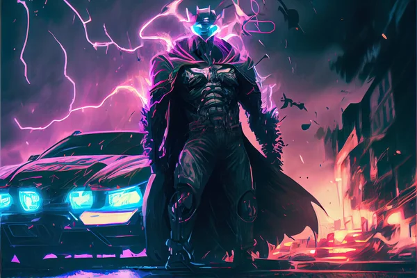 Fantastic electric Superhero. Electric man superhero uses evil forces to destroy cars. Digital art style. Cartoonish. Illustration painting