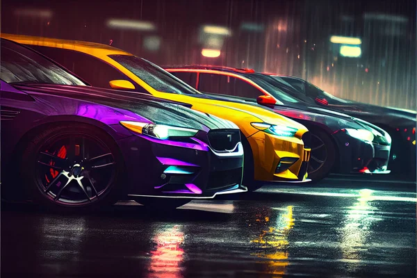 Green yellow red purple sport sedans in neon lights garage. Street racing in neon lights concept. High quality. Illustration painting