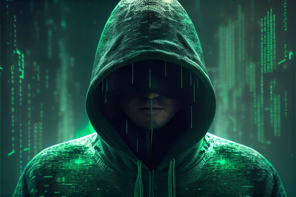 Hacker in hoodie and digital green background. Illustration painting