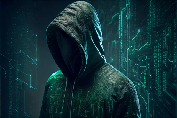 Hacker in hoodie and digital green background. Anonymous computer hacker over abstract digital background. Illustration painting