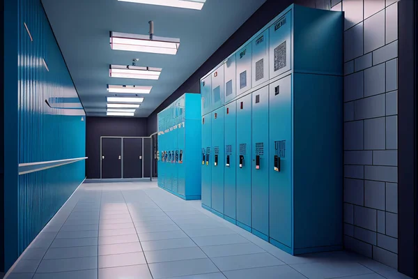 empty school lobby corridor interior with row of blue lockers horizontal banner flat. High quality. 3d rendering illustration