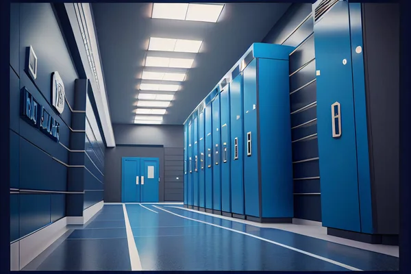 High school lobby corridor interior with row of blue lockers horizontal banner flat. High quality. 3d rendering illustration