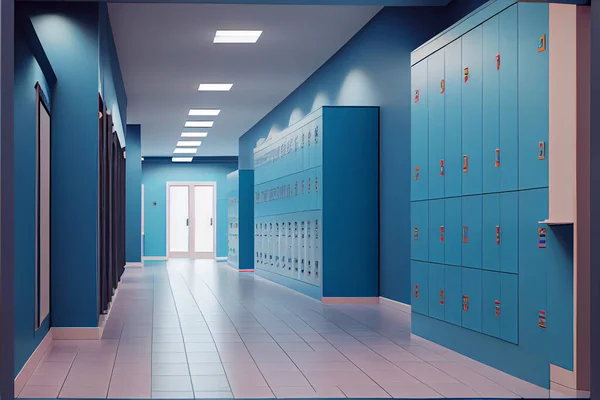 empty school lobby corridor interior with row of blue lockers horizontal banner flat. High quality. 3d rendering illustration