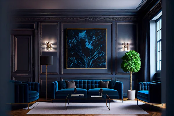 Rich Navy blue living room with lounge zone navy blue sofa and armchair. Luxury living room interior design. 3d rendering illustration