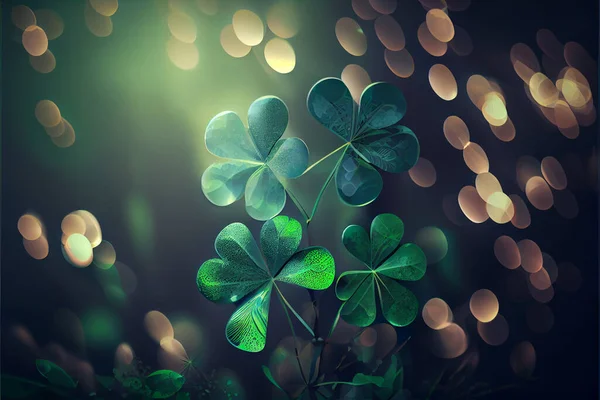Green background with three-leaved shamrocks, Lucky Irish Four Leaf Clover in the Field for St. Patricks Day holiday symbol. with three-leaved shamrocks, St. Patrick\'s day holiday symbol, earth day. High quality. 3d rendering illustration