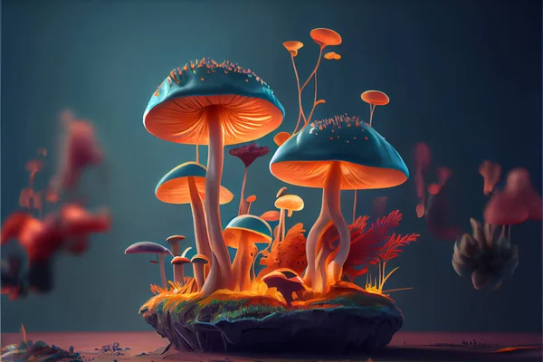 Fantastic mushrooms in forest.s in a fairy forest. The magic world of mushrooms. High quality. Illustration painting