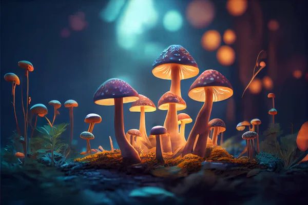 Glowing mushrooms in a fairy forest. The magic world of mushrooms. High quality. Illustration painting