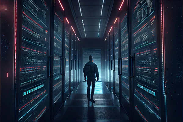 futuristic Big Data Center with chief manager and cloud service of information ai technology abstract background. Information Digitalization Starts. SAAS, Cloud Computing, Web Service. Data center infrastructure concept. Digital art illustration.