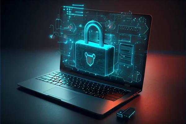 Cyber network concept, holding global network security. Safety, Closed Padlock on digital. Cyber security, information privacy and data protection concept on server room background. 3d rendering illustration