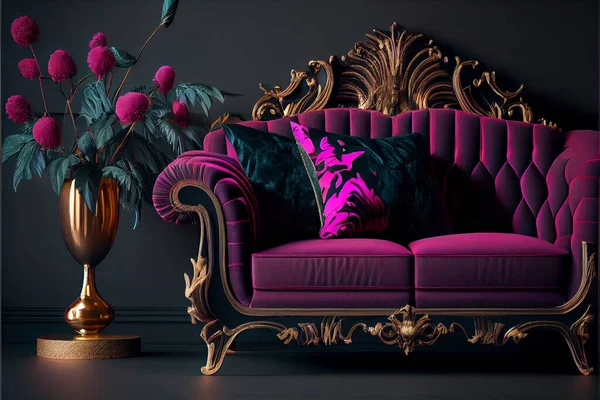 luxury living room interior dark walls and pink sofa. Modern interior design for home, office, interior details, upholstered furniture against the background of a dark classic wall. High quality. 3d rendering illustration