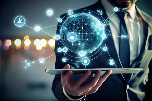 Businessman hand touching global network and data exchanges over the world. Business man wearing a suit using a tablet hand presenting cyber business world graphics In the business technology model, the concept of digital business processing.
