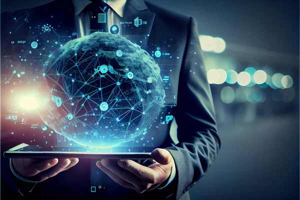 Businessman hand touching global network and data exchanges over the world. Business man wearing a suit using a tablet hand presenting cyber business world graphics In the business technology model, the concept of digital business processing.