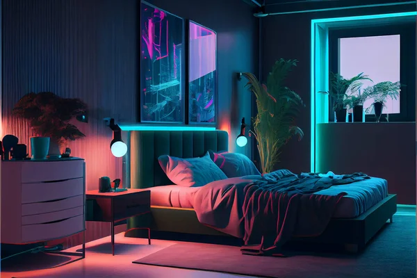 Modern bedroom interior with neon lights ambient in the evening. Smart home concept with neon light colours. 3d rendering illustration
