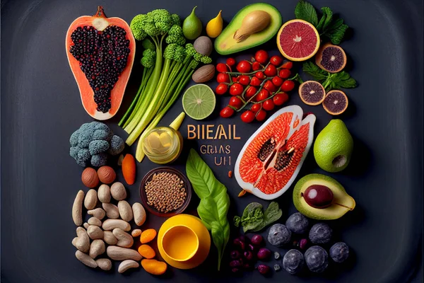 Healthy food clean eating selection: fruit, vegetable, seeds, superfood, cereal, leaf vegetable on gray concrete background.3d rendering illustration
