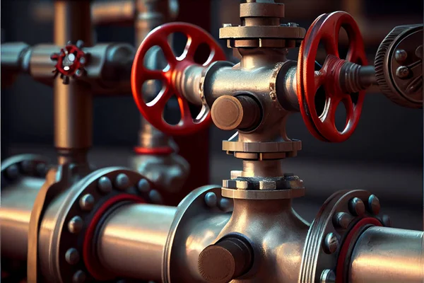 Pipeline valves section close-up. Technological background for the gas, oil or pipe industry. High quality. Illustration painting