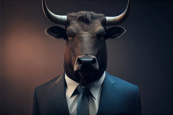 Portrait of a bull dressed in a formal business suit with tie. Bull trader. High quality. Illustration painting