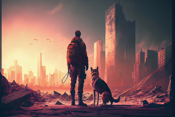 Post apocalyptic scenery showing a man and a dog standing on city ruins, digital art style illustration, cartoonish style. Post apocalyptic with ruined cityscape. Illustration painting
