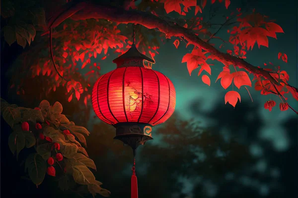 Chinese Lantern for Chinese New Year Celebration. Chinese lantern hanging on tree in a park at night for the Chinese new year. Lunar new year concept. High quality. Illustration painting