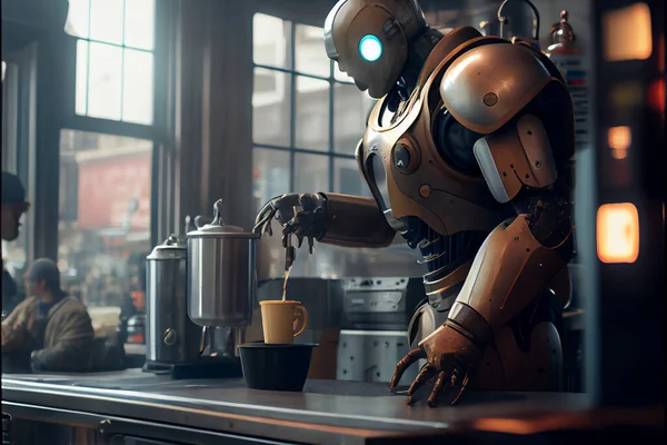 Humanoid robot chef cooks coffee in coffee shop. Robotic chef barista cooking espresso in smart kitchen. Replacing human labor with robotics. Future concept with smart robotics and artificial intelligence. 3d rendering illustration