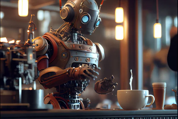 Robot barista chef prepares espresso in bar. Robotic chef barista cooking espresso in smart kitchen. Robotic automatization. Replacing human labor with robotics. Future concept with smart robotics and artificial intelligence.3d rendering illustration