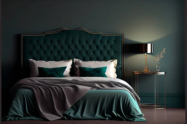 Modern emerald green bedroom interior with comfortable king size bed with headboard and pillows in dark green bedroom. Copy space on empty green wall of elegant bedroom interior. Hotel bedroom. High quality. 3d rendering illustration