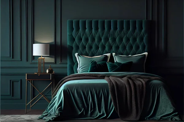 Stylish emerald green bedroom interior with comfortable king size bed with headboard and pillows in dark green bedroom. Copy space on empty green wall of elegant bedroom interior. High quality. 3d rendering illustration