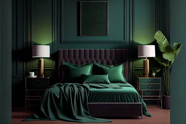 Modern emerald green bedroom interior with comfortable king size bed with headboard and pillows in dark green bedroom. Copy space on empty green wall of elegant bedroom interior. Hotel bedroom. High quality. 3d rendering illustration