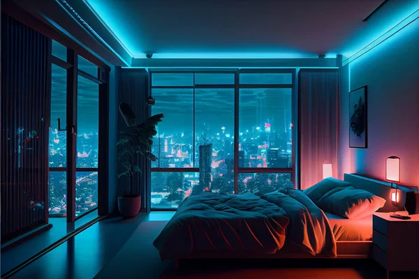 Modern bedroom interior with neon lights glowing ambient in the evening window city view. Bed, carpet, smart tv. Luxurious stylish apartment interior. Smart home concept with neon light colours. 3d rendering illustration