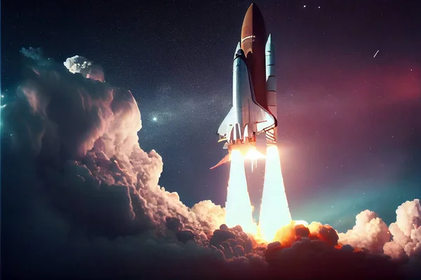 Spaceship lift off. Space shuttle with smoke and blast takes off into space on a background of sunset. Successful start of a space mission. Elements of this image furnished by NASA. New Ship flies to another planet. Illustration painting