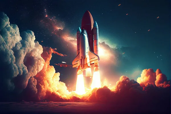 Space shuttle with smoke and blast takes off into space on a background of sunset. Successful start of a space mission. Elements of this image furnished by NASA. Spaceship takes off into the starry sky. Rocket starts. Illustration painting