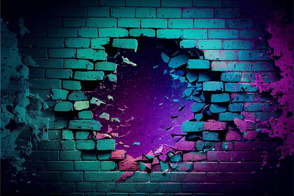 Teal green and purple magenta Broken brick wall background. Broken brick wall texture of trendy colours purple magenta and teal green neon colours background. High quality illustration