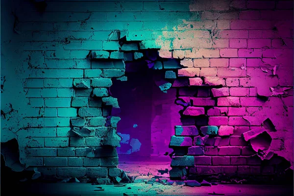 Broken brick wall texture purple magenta and teal green neon colours background. High quality illustration