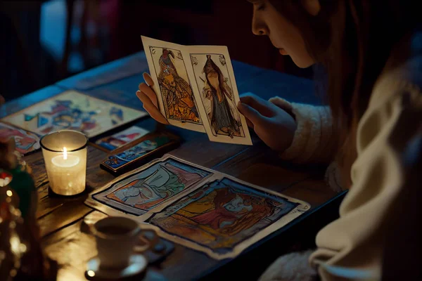 Fortune teller is reading a future by tarot cards. Seance of fortune telling on a Tarot cards, candles and fortune-telling objects. The concept of divination, astrology and esotericism. High quality. 3d rendering illustration