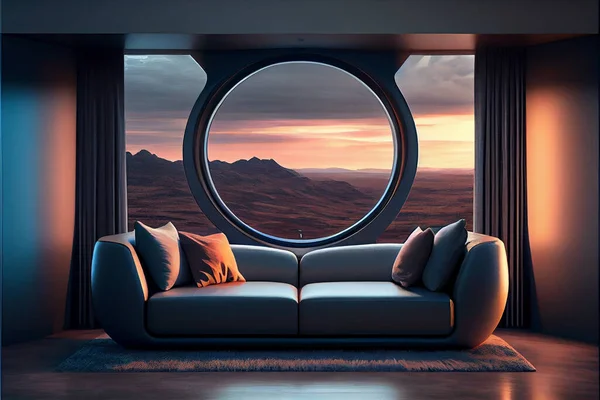 Modern living room with sofa interior and window with mountains view. Futuristic interior evening time. 3d rendering illustration