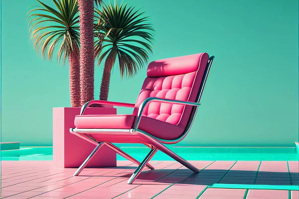 pink lounge chair near swimming pool on luxury resort. 80s pop style. Luxury pop style of 90s. Pink arm chair. Illustration painting