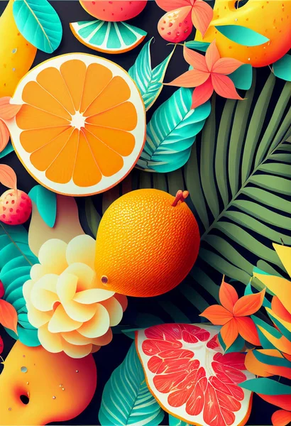 citrus fruit lemon pattern background lay flat. Summer vibes. Citrus fruits slices of orange, lemon, sicilian orange. Illustration painting