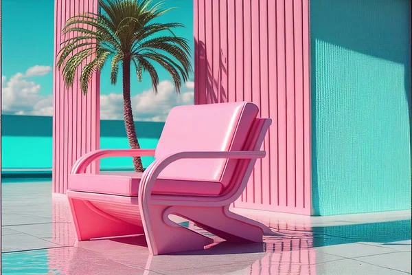 pink lounge chair near swimming pool on luxury resort. 80s pop style. Luxury pop style of 90s. Pink arm chair. Illustration painting